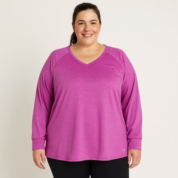 Spalding Heathered Pink V-Neck Long Raglan Sleeve Athletic Top Womens Plus 3X - Picture 1 of 11